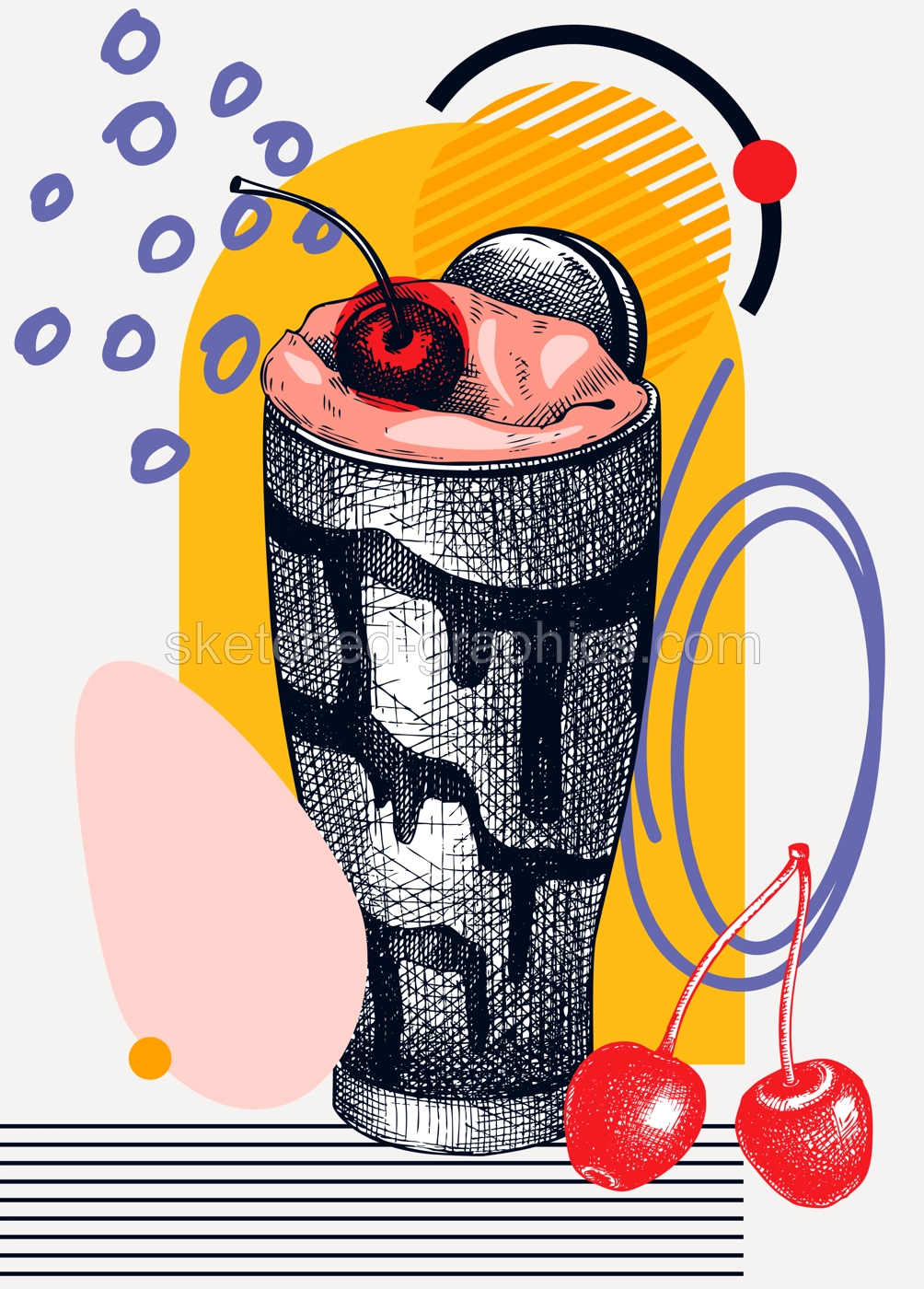 Collage style milkshake vector illustration. Sketched cocktail drawing. Trendy design with milkshake with cherry, geometric and abstract shapes. Sweet drink for print, poster, card, menu, wall art Illustration